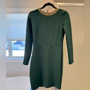 H&M green bodycon dress with gold beading detail